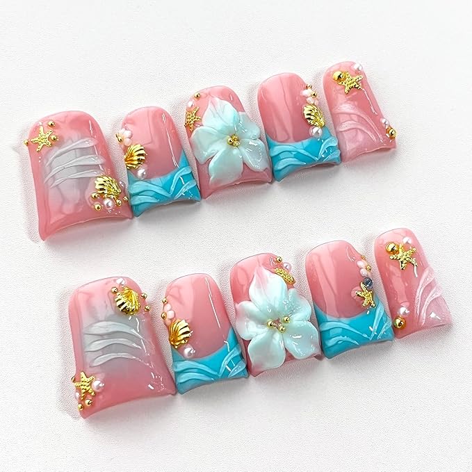 Luxury Press on Nails Short Duck Handmade 3D Unique Reusable ABS Material Fake Nails French Tip False Nails with Designs Flower Pearls Shell Blue Glossy Glue on Nail Thick Acrylic Nail(S)