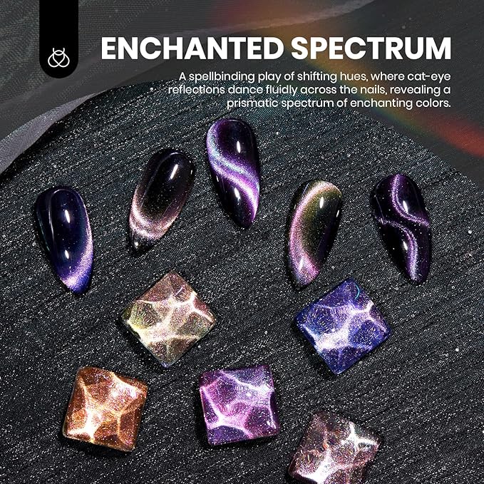 Beetles Cat Eye Gel Nail Polish Set - 6 Colors Chameleon Cat Eye Black Glitter Blue Pueple Gold Green Gel Polish with Magnet Soak Off UV Velvet Gel Enchanted Spectrum Collection Salon Gift for Women