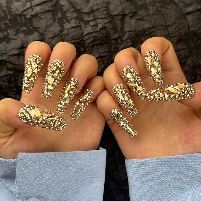 Trendy Handmade Press On Nails Long Square Shape,10Pcs Shimmery Acrylic Fake Nails with 3D Champagne Rhinestone Luxury Design Stick On Nail for Woman Gift