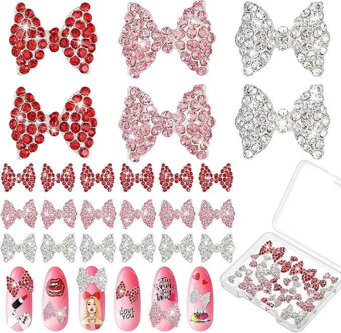 Maitys 24 Pieces Nail Bows Charms Rhinestones 3D Charms Alloy Pearl Bow Knot Accessory for Valentine's Day Women DIY Xmas Salon Jewelry Craft(Red, Gold, Rose Red)