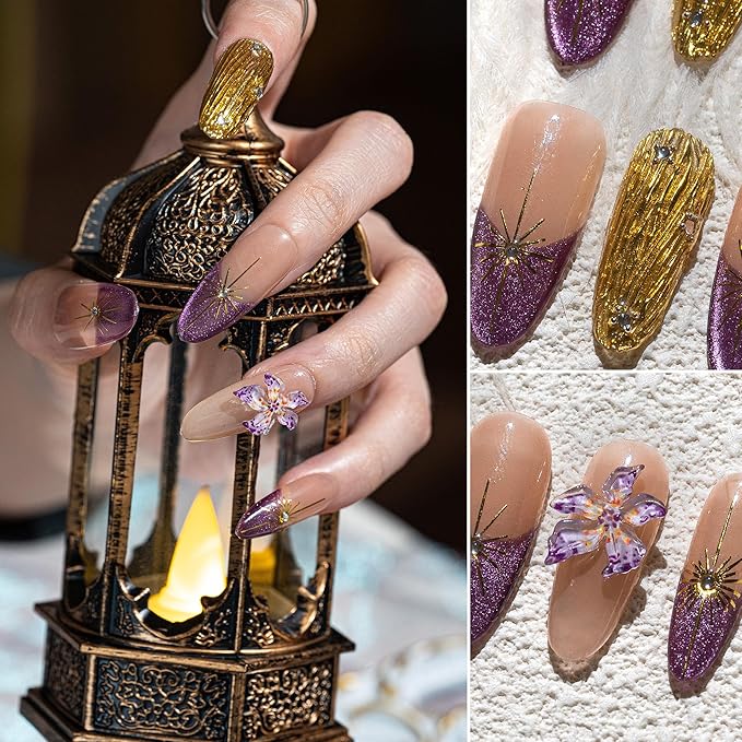 Sun&Beam Nails Handmade Press-on Long Almond Purple Yellow Rhinestone Hand-Painted Gradation Design Fashion False Nail Tips 10 Pcs Set (#222 M)