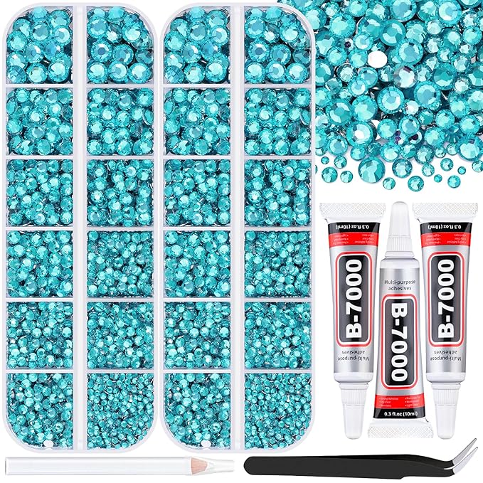 12000Pcs Resin Rhinestones for Bedazzling with 3Pcs B7000 Jewelry Glue, 2 Boxes Teal Blue Flatback Rhinestones for Crafting Crafts DIY, Crystals Gems for Clothing Shoes Tumblers Nail Art Makeup