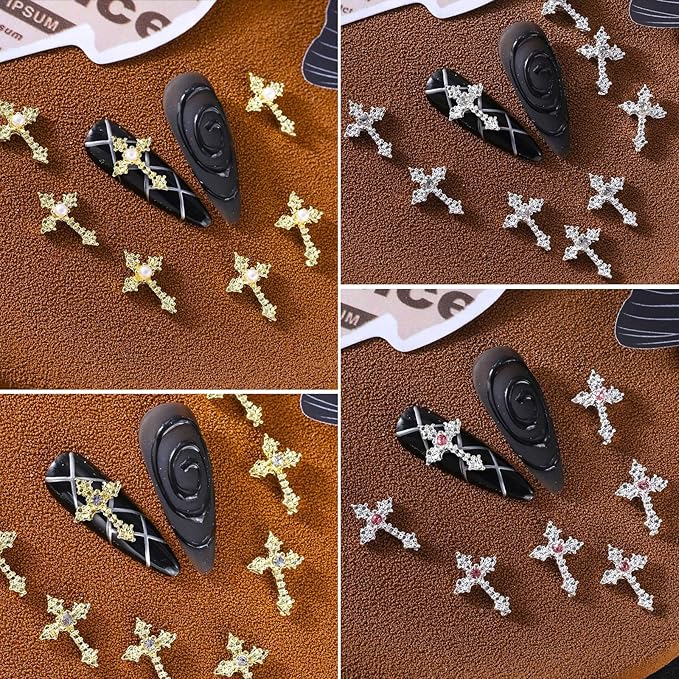 3D Cross Nail Charms, 40 Pcs Gold Silver Crystal Cross Decorations for Nail Art for DIY Design and Jewelry Making (Pearl+ Rhinestones)