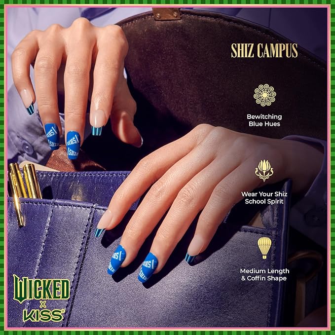WICKED X KISS Press On Nails, ‘Shiz Campus’, Blue, Medium Coffin, Waterproof, Chip Proof, Smudge Proof, 28 Fake Nails, Pink Gel Nail Glue (2g), Mini Nail File, & Manicure Stick