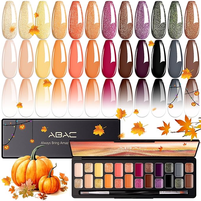 ABAC Fall & Winter Solid Gel Nail Polish Set Orange Yellow Brown Purple Grey Black Shimmer Colors w/Pro Brush No-Spill,Hema-Free Gel Nail Kit Gifts for Women All Season