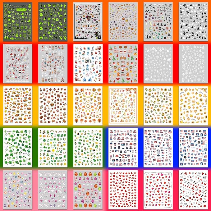 30 Sheets 7 Holiday Nail Art Stickers, Mixed Season Nail Decals Set for All Year, 3D Self-Adhesive Pegatinas Uñas Easter 4th of July Halloween Thanksgiving Christmas Valentine's St. Patrick's Day