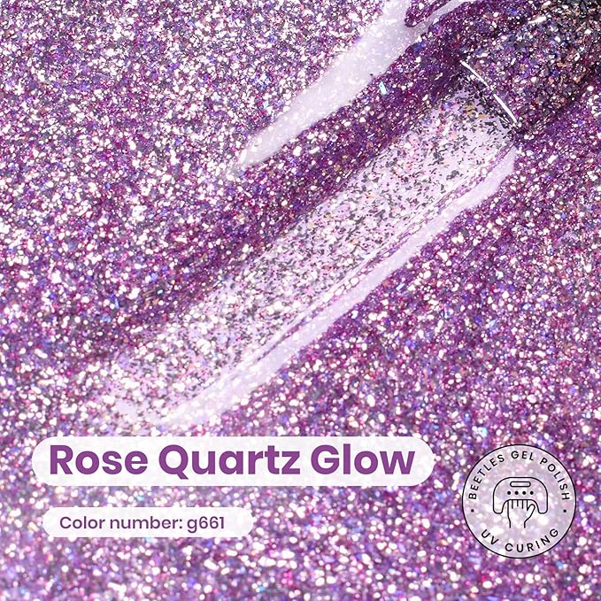 Beetles Purple Gel Nail Polish – 15ml Purple Glitter Gel Polish Soak Off UV LED Shimmer Rose Quartz Glow Color Nail Art Long Lasting Glossy Salon and DIY Nail Manicure Spring Gift for Women
