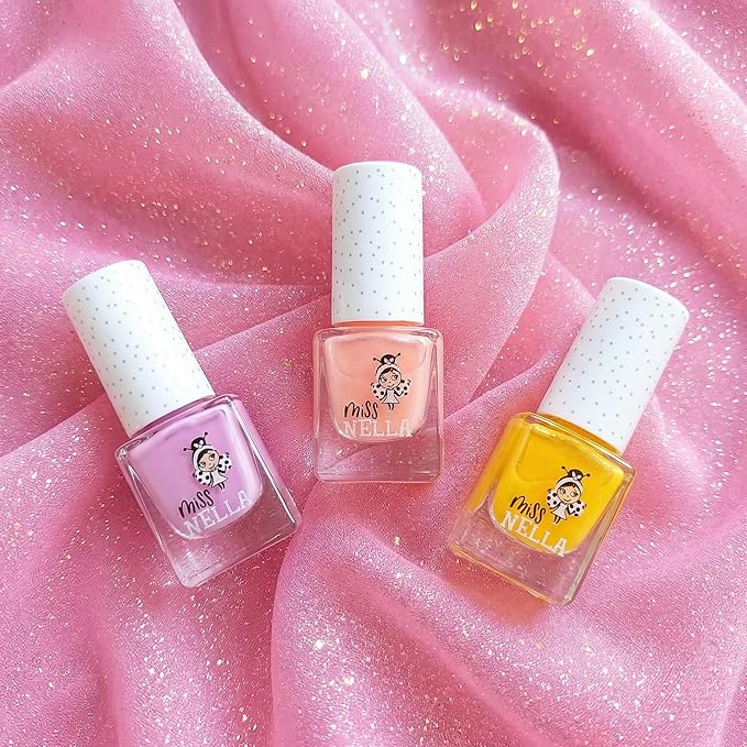 MISS NELLA PIXIE DUST- Peel Off, Odour Free, Water Base & Safe for kids nail polish pack of 3- peach (glitter), lilac & yellow (glitter)