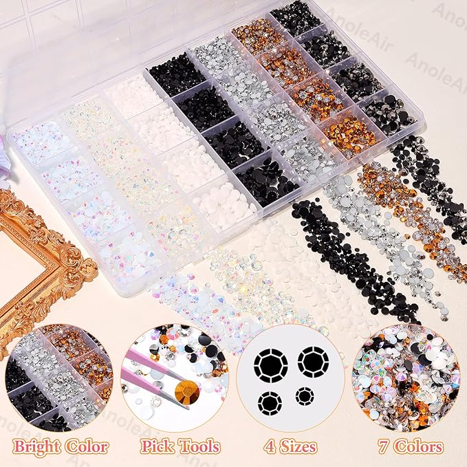 22000Pcs Rhinestones for Bedazzling, Jelly Bedazzling Resin Gems 3-5mm, Black White Silver Gems Bedazzling Kit for Crafting, Flatback Color Black Gold AB Gems for Nails Face Makeup Crafts Tumblers