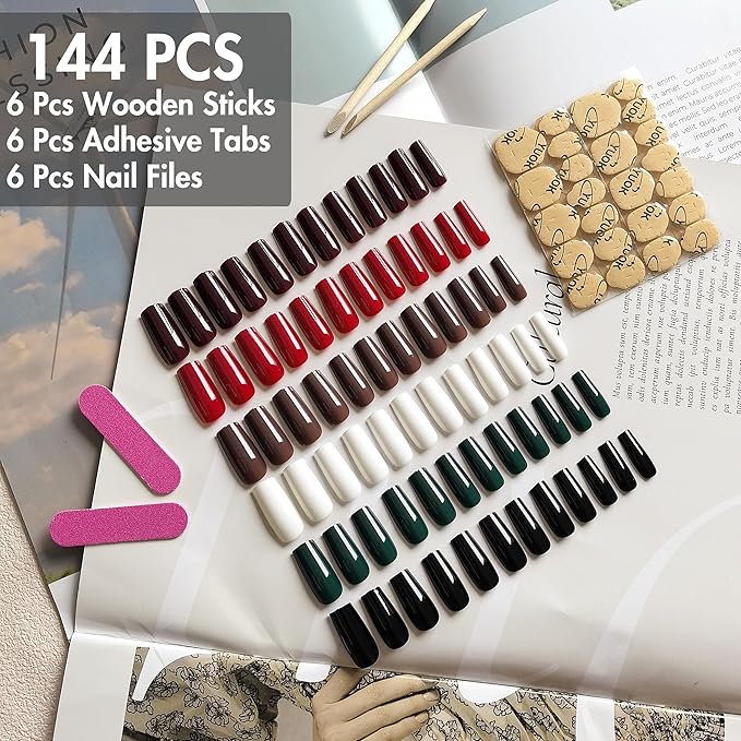 KQueenest 6 Packs Press On Nails Long, Acrylic Fake Nails Long Square, Natural Fit False Nails Press Ons, Dark Color Glue On Nails Medium Coffin for Women Valentine Day Gift Kit 144 Pcs