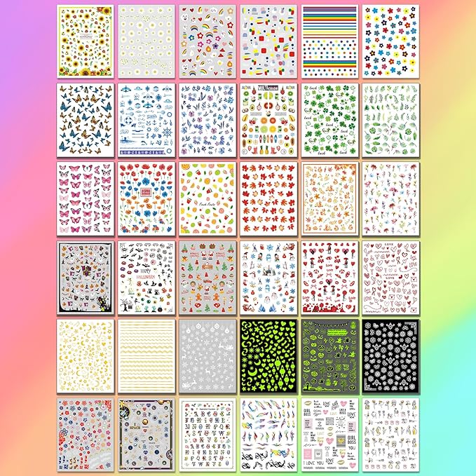 36 Sheets Varied Nail Art Stickers, All Holiday Variety Pack Seasonal Nail Decals, Self-Adhesive Pegatinas Uñas Colorful Design for Flowers Butterflies Luminous Star Halloween Christmas