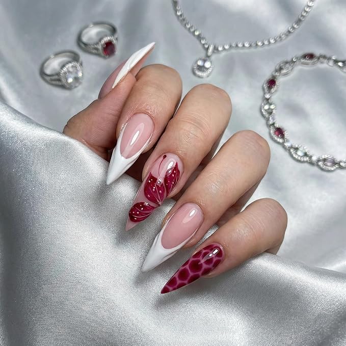 Long Press on Nails Almond Fake Nails Pink Artificial Nail Seeneey 3D Flowers Designs Tortoise Shell Stick on Nail for Women 24pcs