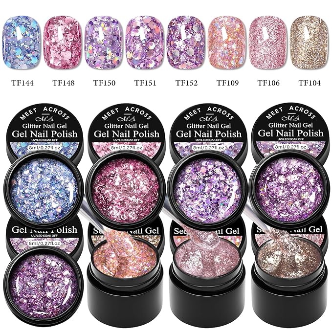 MEET ACROSS 9Pcs Glitter Gel Polish Sequins Gel Nail Polish Kit with 1Pc Nail Brush Shimmer Pink Blue Purple Brown Glitter Nail Polish Kit Holiday Gift Design for Party 8 Colors