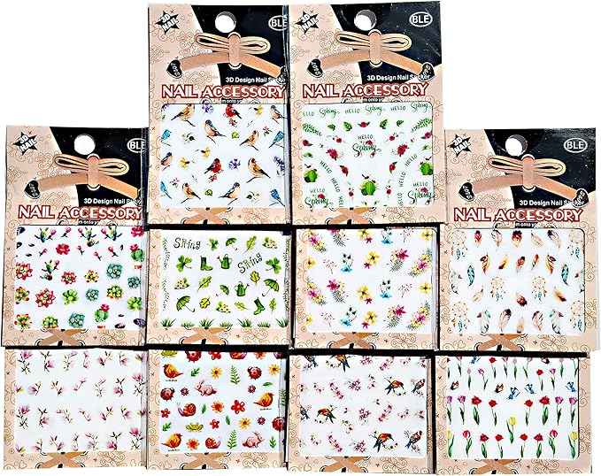 Nail Art Peel and Stick Decals - Spring Flowers, Birds, Lady Bug, 10 pcs