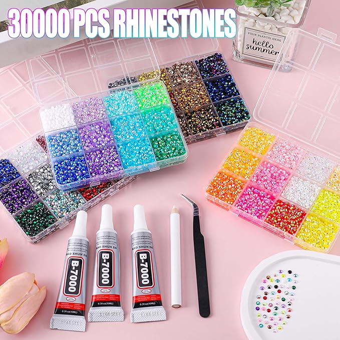 BANA 30000Pcs in 48 Colors Rhinestones for Bedazzling and Diamond Art, 3mm Flatback Gems with 3×10ml B7000 Jewelry Glue Tweezers, Perfect for Nail Art, Crafting, Clothing, Fabric Decor