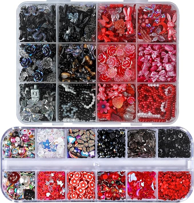 1400 Pieces 3D Butterfly Rose Flower Bow Rabbit Bear Nail Charms Kit with Nail Art Rhinestones Pearls Crystal Gems Nail Slices for Manicure DIY Crafts Jewelry Accessories (Black Red)