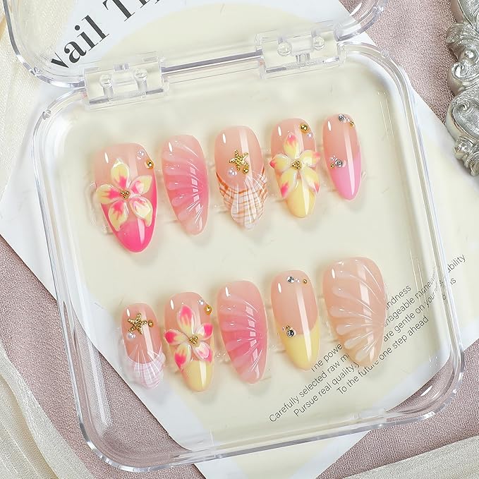 Press On Nails Handmade Acrylic Sweet Pink 10pcs Set, Jelly French Floral Blooming Nail Design with 3D Shell Texture, Starfish Charms & Pearl Details, Birthday Vacation Holiday Tips - Appife
