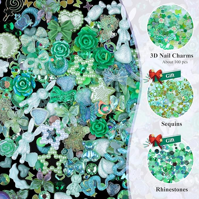 100 Pieces 3D Resin Butterfly Bear Nail Charms Rose Flower Peach Skirt Bow Deer Snake Rabbit Animal Shaped Nail Art Rhinestones Pearls for DIY Nail Art Decoration Making Craft (Green)