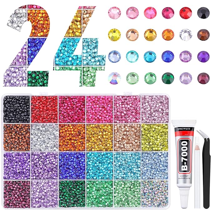 24000Pcs Resin Rhinestones for Bedazzling with Tweezers, Multicolor 3mm Rhinestones for Crafting with B7000 Jewelry Glue for DIY Crafts Clothing Tumblers Shoes Fabric Nail Art