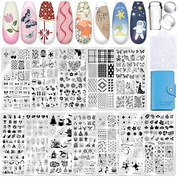 Biutee Nail Stamping Plate 16Pcs Nail Stamper Kit 12Pcs Nail Art Stamp Plates with Silicone Stamper, Scraper & Storage Bag, Stamping Plates Star Plaid Flower Butterfly Template Holiday Design Gift