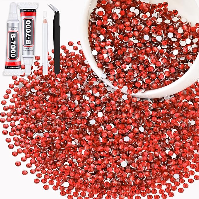 3000PCS SS12/3mm Crystal Rhinestones (Light Red/Light Siam) with 2Pcs 10ml B7000 Jewelry Glue, Bedazzling Flatback Glass Rhinestones for Crafting, Gems Diomand for Tumbler Shoes Clothing Nail Art