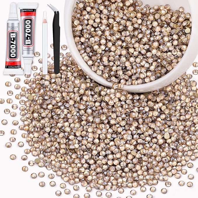 5000PCS SS10/2.8mm Crystal Rhinestones (Golden Shadow/Champagne) with 2Pcs 10ml B7000 Jewelry Glue, Bedazzling Flatback Glass Rhinestones for Crafting, Gems Diomand for Tumbler Shoes Clothing Nail Art