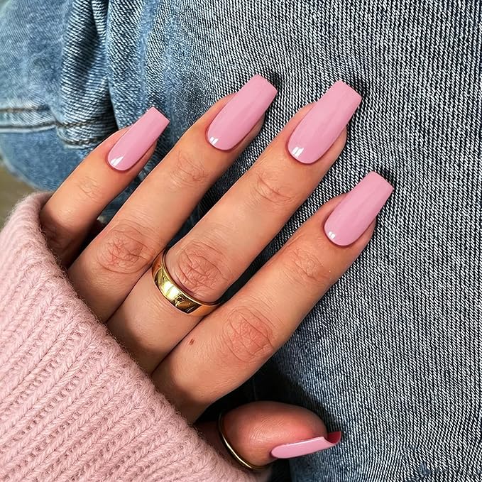KQueenest Baby Pink Press on Nails Long Medium Square, Light Rose Pink Fake Nails Medium Coffin, Glossy Sheer Color Acrylic Nails Press ons, Reusable Bright Soft Gel Glue on Nails for Women Summer