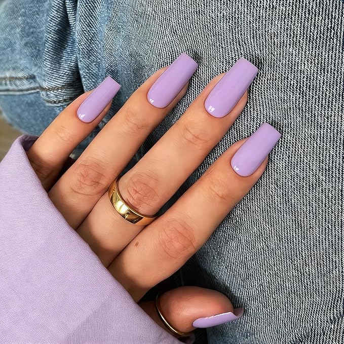 KQueenest Light Purple Press on Nails Long Medium Square, Lilac Fake Nails Medium Coffin, Glossy Sheer Color Acrylic Nails Press ons, Reusable Soft Gel Glue on Nails for Women Daily Wear