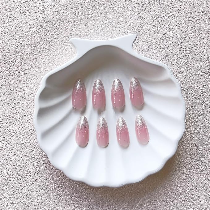 KXAMELIE Glitter Ombre Pink Press on Nails Medium Length,Gradient French Glue on Nails Almond Nails Press on,Natural Stick on Nails for Women,Reusable Stiletto Nails Acrylic,Short Almond Nails Set