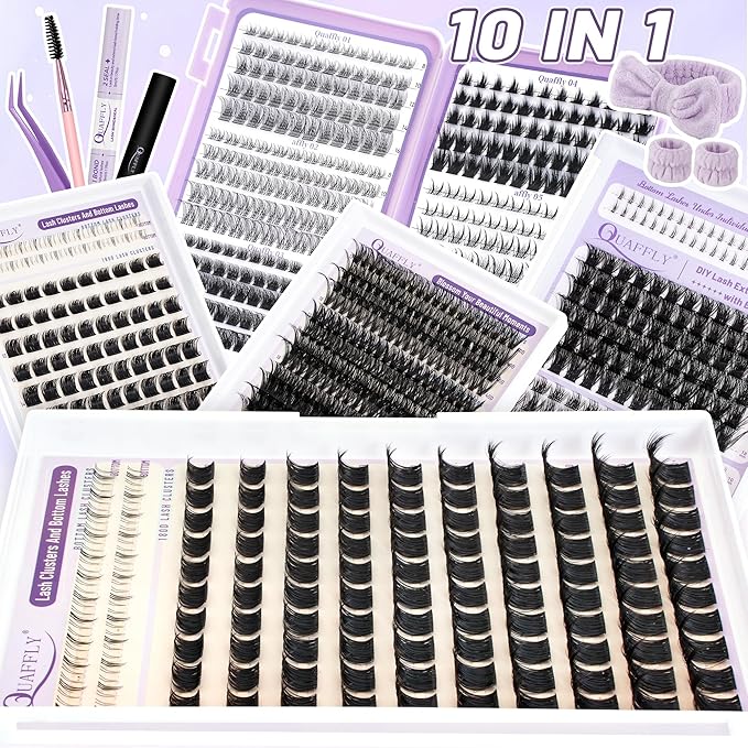 Lash Clusters Kit 949pcs Natural Cluster Lashes With Bottom Lash Manga Lashes with Lash Bond and Seal Remover Dual-Ended Brush Headband Wristband Tweezer Lash Extension Kit for Beginner