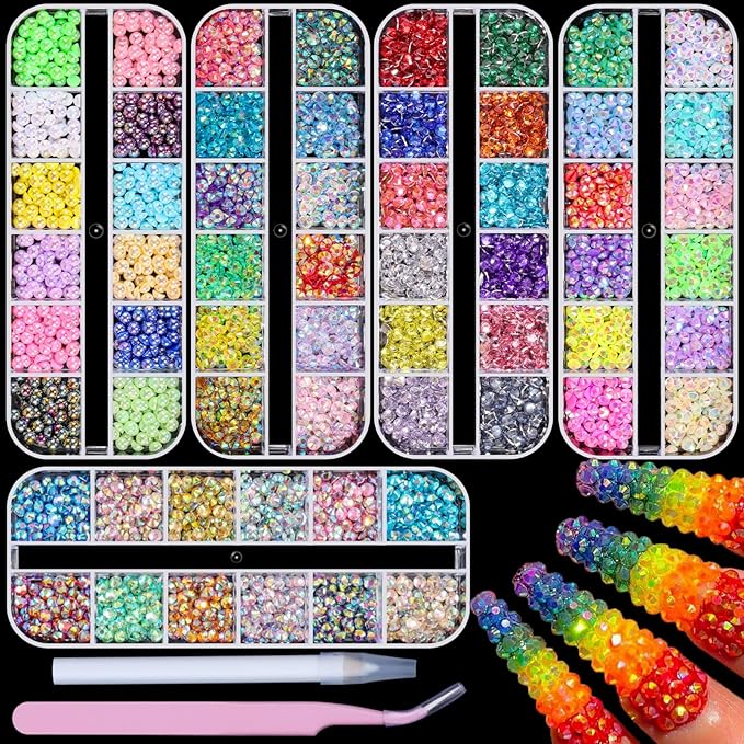 5 Boxes 3000pcs Sparkling Crystal Nail Rhinestones Pearls Kit, Flatback Multicolor Transparent Jelly AB Mermaid Gems with Pick Up Pen and Curved Tweezers for Manicure Salon & Craft DIY Designs (4mm)