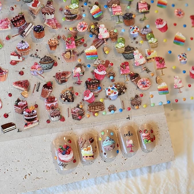 Dedyel Food Nail Art Stickers 3D Cake Dessert Donut Ice Cream Cookies Fruit Bread Self-Adhesive Nail Stickers for Women Girls Kids