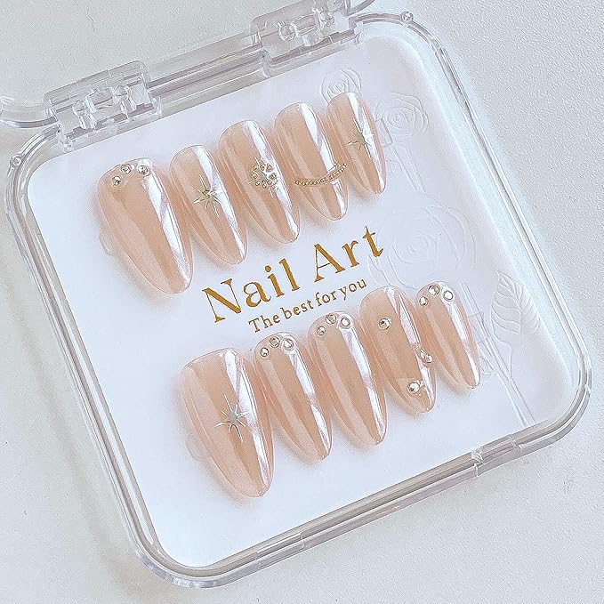 Almond Press-On Nails, Nude with Crystal Rhinestones and Star Design, Handmade False Nail 10 Pieces (XS, Almond)