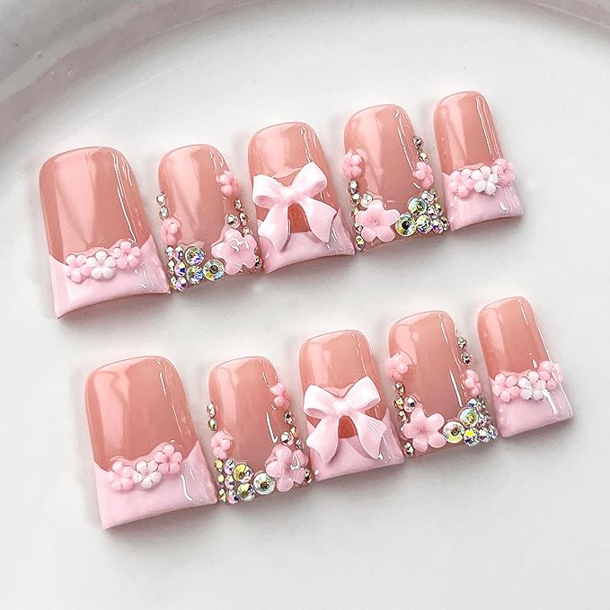 Luxury Press on Nails Short Duck Handmade 3D Unique Reusable ABS Material Fake Nails French Tip False Nails with Designs Bow Rhinestones Flower Pink Glossy Glue on Nail Thick Acrylic Nail(S)