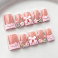Luxury Press on Nails Short Duck Handmade 3D Unique Reusable ABS Material Fake Nails French Tip False Nails with Designs Bow Rhinestones Flower Pink Glossy Glue on Nail Thick Acrylic Nail(S)