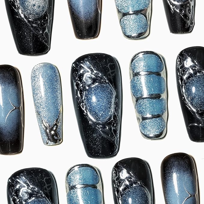 Sun&Beam Nails Handmade Press-on Medium Long Coffin Ballerina Blue Sliver Black Y2K Gradation Design False Nail Tips 10 Pcs (#138 L)