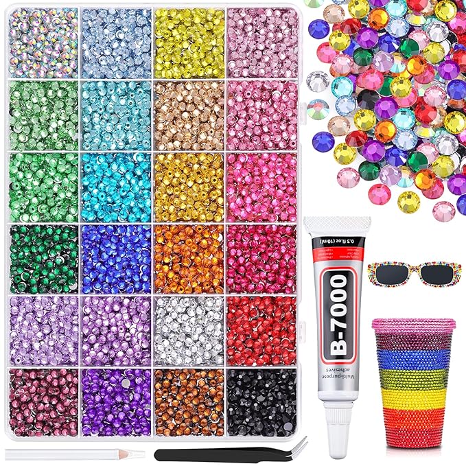 12600Pcs Resin Rhinestones for Bedazzling with B7000 Jewelry Glue, Multicolor 4mm Flatback Gems Rhinestones for Crafting, Clothing Tumblers Mugs Shoes Fabric Decor Nail Art