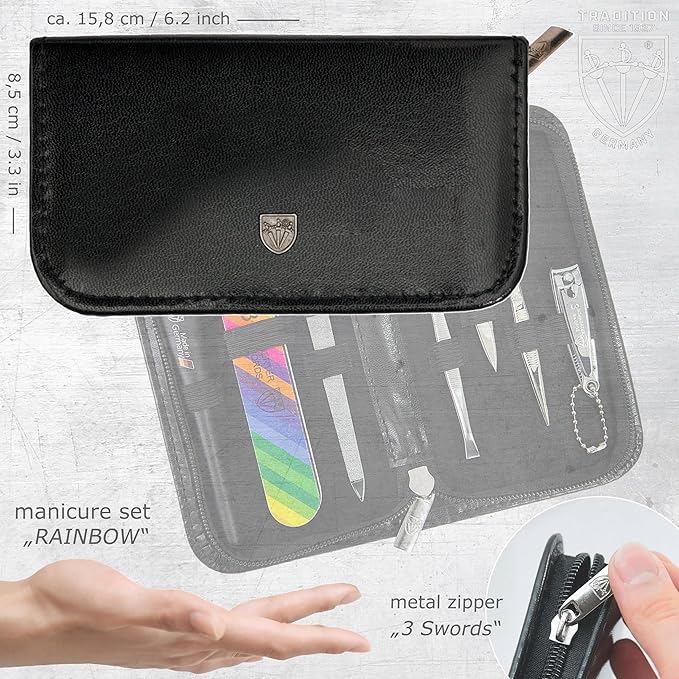 3 Swords Germany - Brand Quality 7-Piece Manicure kit with Rainbow Nail Buffer and Many More Tools in Black Artificial Leather case