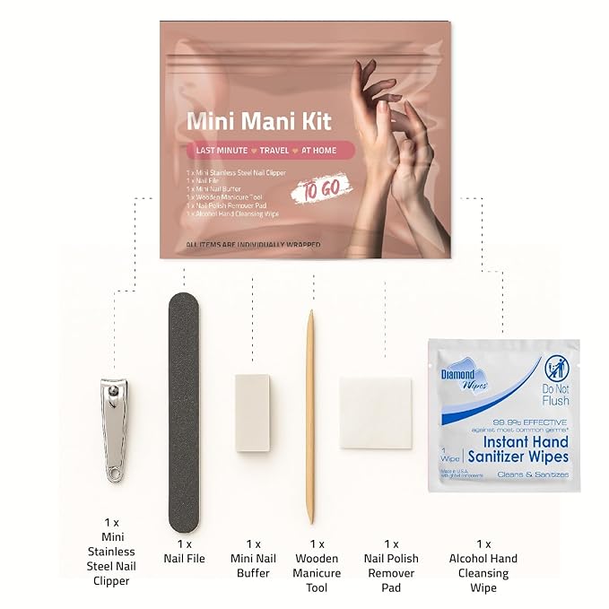 Mini Mani Kit – Disposable Manicure Set with Nail Clipper, File, Buffer, Cuticle Stick, Remover Pad & Alcohol Wipe – Single-Use Nail Care Kit for Travel, Events, or Bulk Hygiene (Regular, 3, Count)