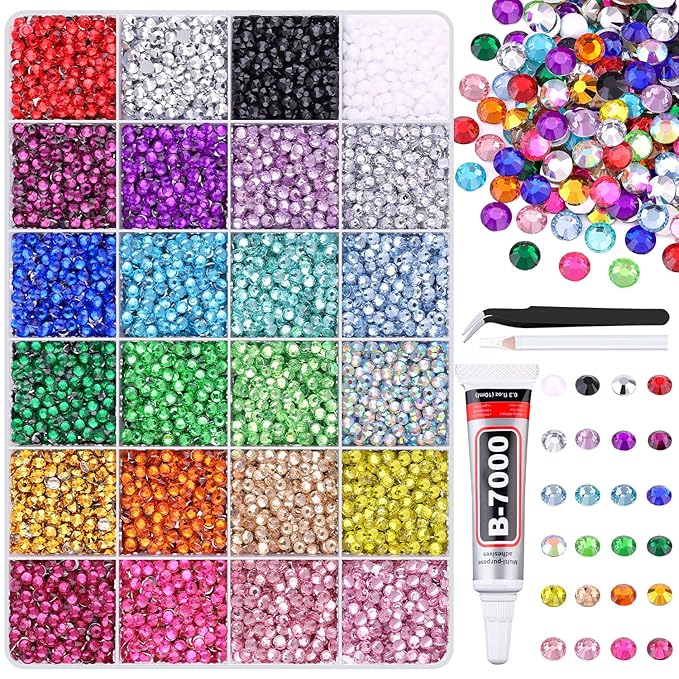 12600Pcs Resin Rhinestones for Crafting with Tweezers, Multicolor 4mm Flatback Gems with 1 B7000 Jewelry Glue, Bedazzling Crystal for Crafts Clothing Tumblers Mugs Shoes Fabric Nail Art Makeup