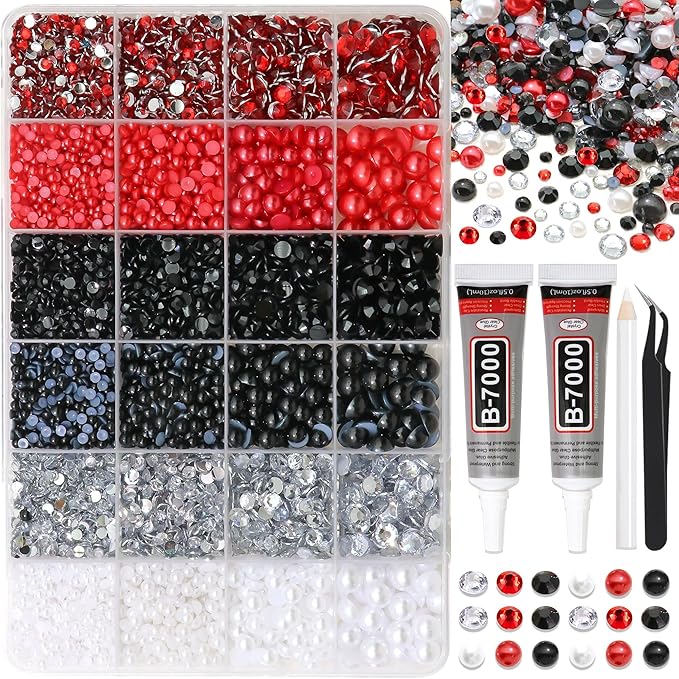 RODAKY 9000PCS Rhinestone Pearls for Bedazzling Red Black White Flatback Gems Half Pearls for Crafting Diamond Making Kit Clothing Shoes Nail Decor with Glue Tweezer Pickup Pen