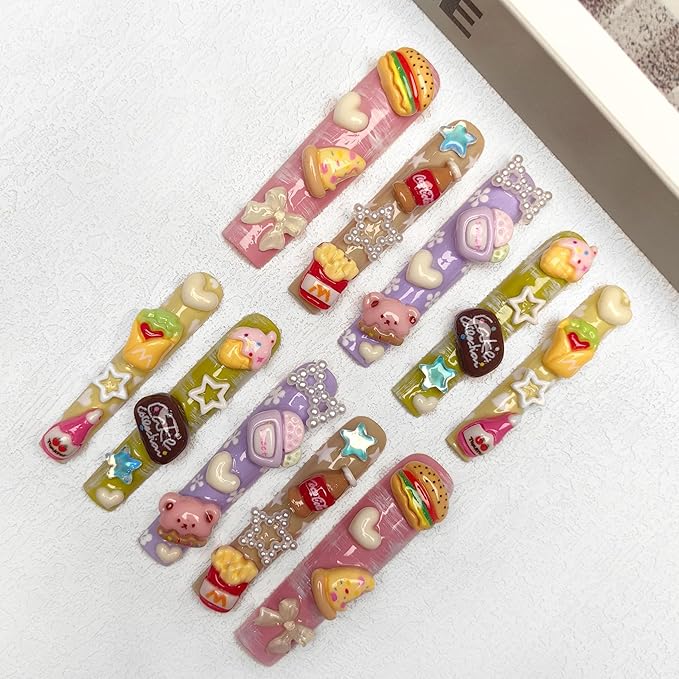 2025 Pastel Kawaii Food Deco Press-On Nails Handmade PMMA Acrylic Reusable Tips w/Box Gifts for Girls (Candy Vibes, M)
