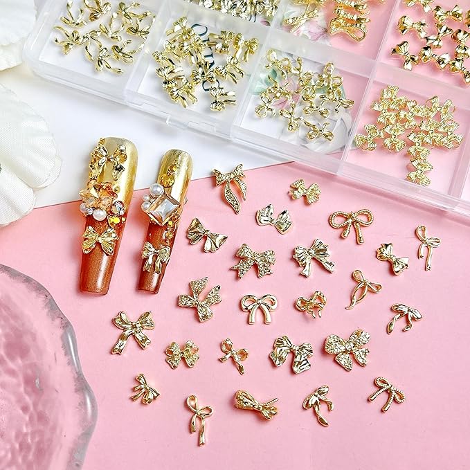 240 Pcs Gold Bow Nail Charms, Golden Bows Nail Art Studs for Acrylic Nails, 3D Alloy Bow Bowkont Nail Art Charms, Gold Bows Nail Art Charms Jewelry for Nails DIY Y2K