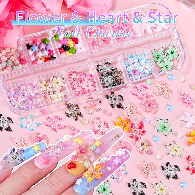 5 Boxes Gold & Silver Metal Nail 3D Punk Studs Flower Petals Heart Bows Star Pearls Rhinestones Nail Charms Nail Art Jewels with Tweezers and Nail Brush and Wax Pen Picker (10-multishapes charms)