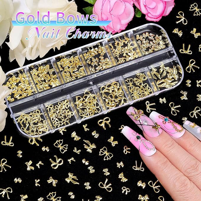 5 Boxes Gold & Silver Metal Nail 3D Punk Studs Star Cross Bow Gems and Small Caviar Beads Pearls Rhinestones Nail Art Jewels with Tweezers and Nail Brush and a Wax Pen Picker(9-Gold & Silver Studs)