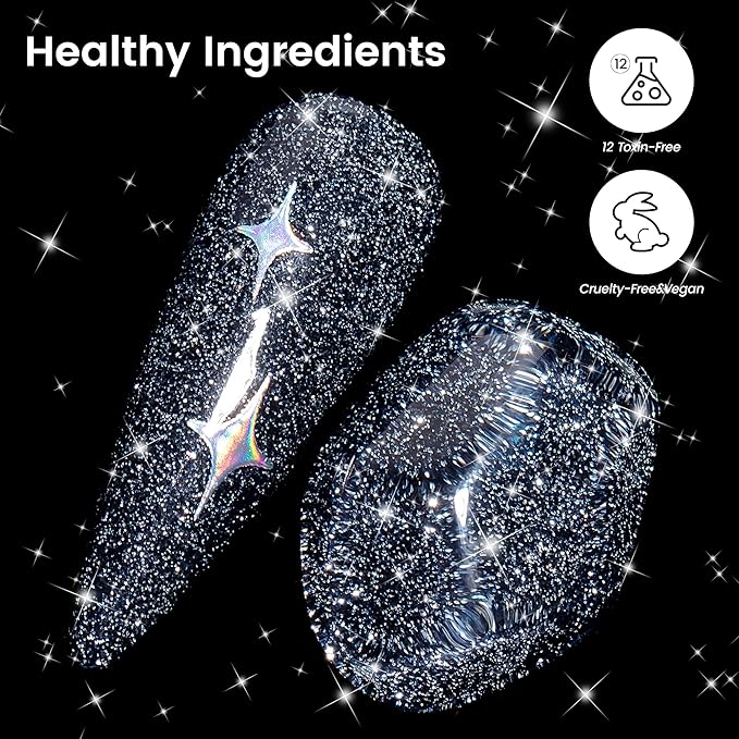 YTD Likomey Reflective Glitter Gel Nail Polish,15ml Black Flash Diamond Shimmer Nails Gel,Dark Blue Tone Black Sparkly Shiny Salon Home Fall Winter Manicure UV Color Varnish,SZ010