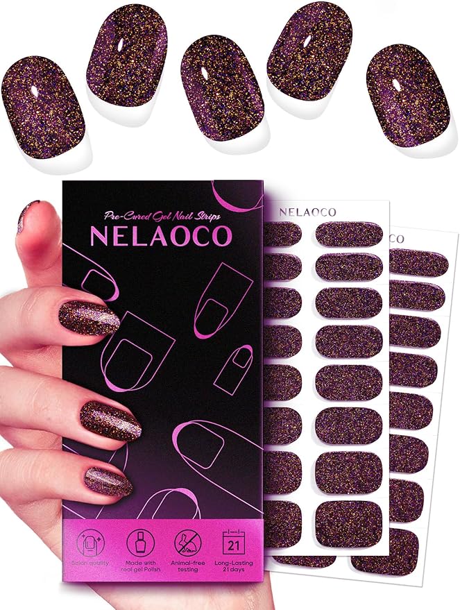 Nail Polish Strips – 32PCS UV Free Salon Quality Wraps, Long Lasting Gel Nail Stickers for Women (Blazing Gold Glitter)