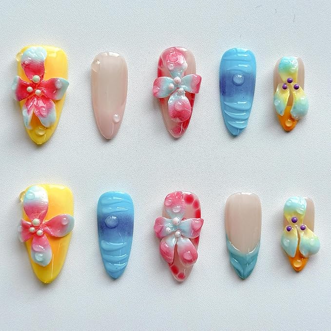 Luxury Press on Nails Medium Almond Handmade 3D Unique Reusable ABS Material Fake Nails French Tip False Nails with Designs Water Drop Flower Summer Glossy Glue on Nail Thick Acrylic Nail(M)