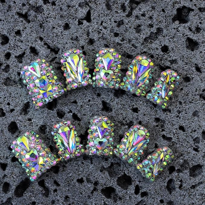 10Pcs Handmade Rhinestone Press on Nails Short Duck Fake Nails with Rhinestone Design Full Cover False Nails Short Hand Made Press on Nails Reusable Stick on Nail Artificial Glue on Nail for Women (S)