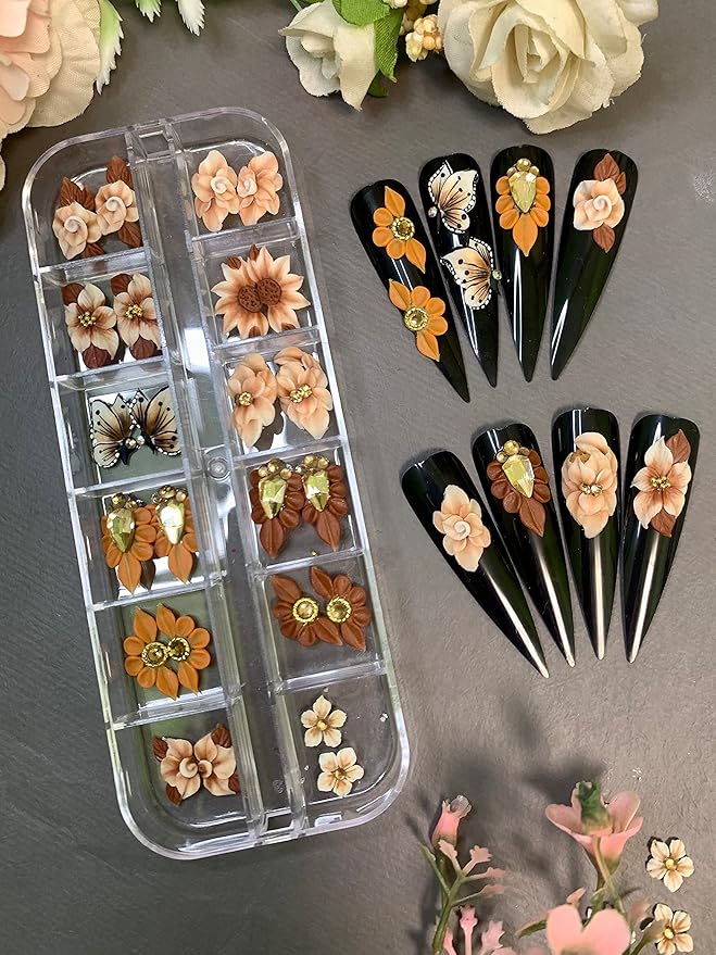3D Acrylic Flower Nail Art Charms Handmade by Acrylic Powder - 15 colors, 24pcs Flowers Nail Rhinestones Kit 3D Crystal Nail Pearls Flat Design Acrylic Nail Art for Women Girls (Brown)